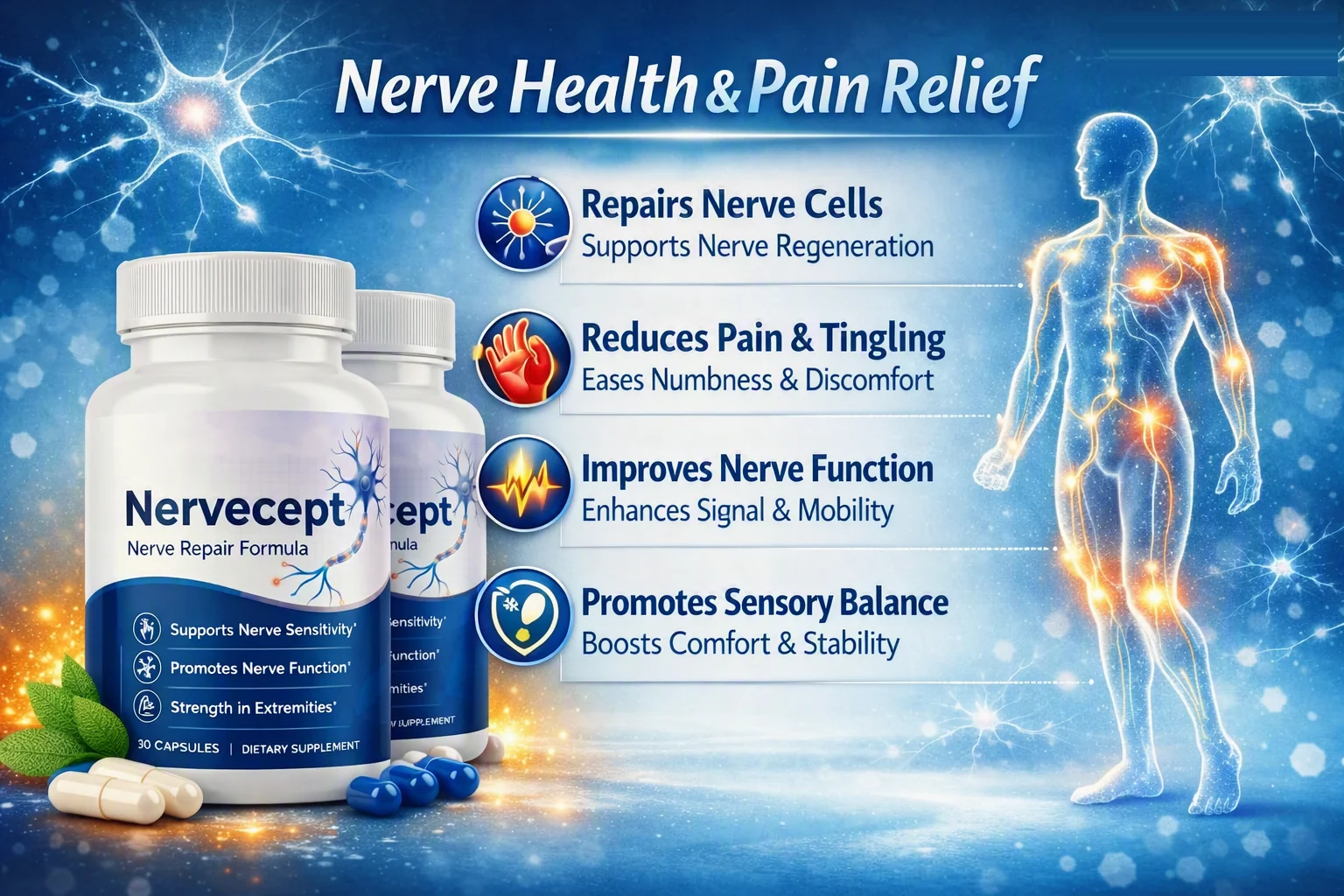 How Nervecept works — repairs nerve cells, reduces pain and tingling, improves nerve function, promotes sensory balance